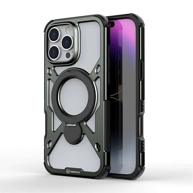 Aluminum alloy magnetic shockproof phone case with ring stand