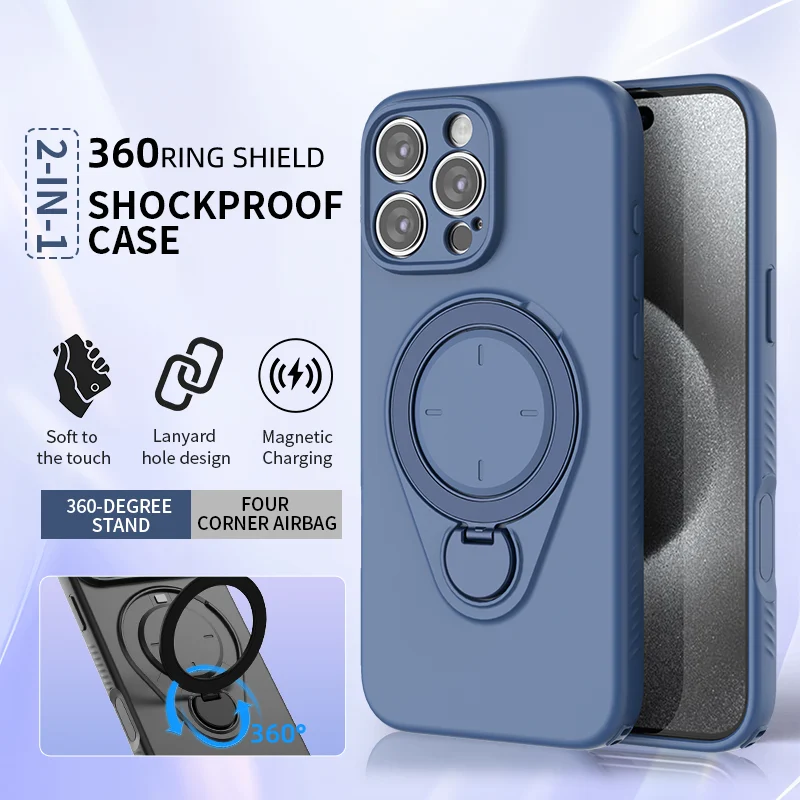 Shockproof phone case with rotating ring stand and magnetic charging ring