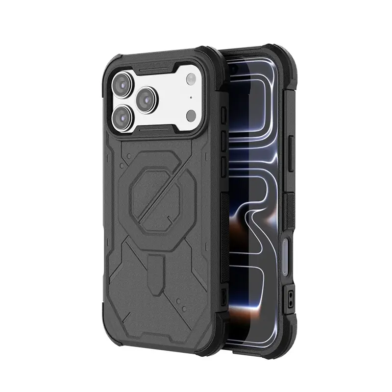 Black mecha armor magnetic phone case with reinforced corners