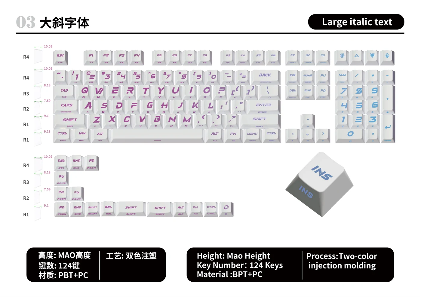 Large Italic Text Keycap Set keycap layout and specifications