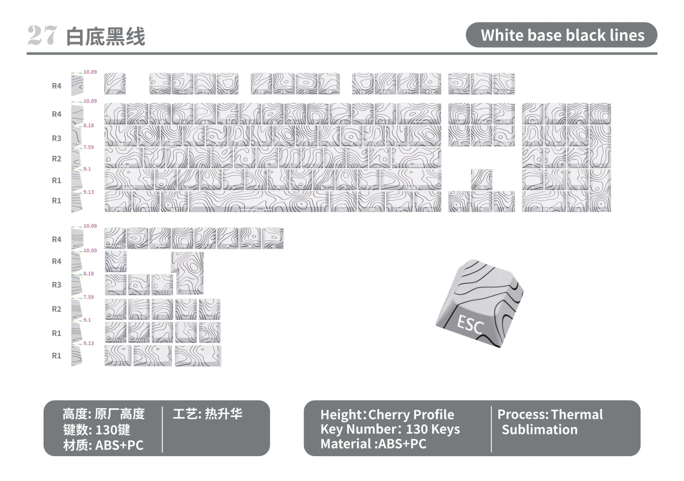 White Base Black Lines Keycap Set keycap layout and specifications