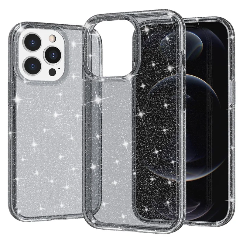 For iPhone 15 Pro Sparkly Glitter Anti-Scratch Case Hard PC + Soft TPU Phone Cover - Grey - 5