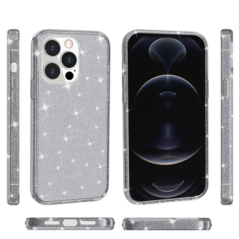 For iPhone 15 Pro Sparkly Glitter Anti-Scratch Case Hard PC + Soft TPU Phone Cover - Grey - 7