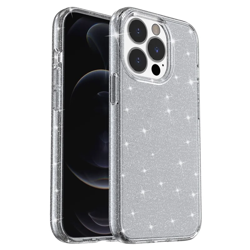 For iPhone 15 Pro Max Sparkly Glitter Protective Case Hard PC + Soft TPU Anti-scratch Phone Cover - Grey - 1