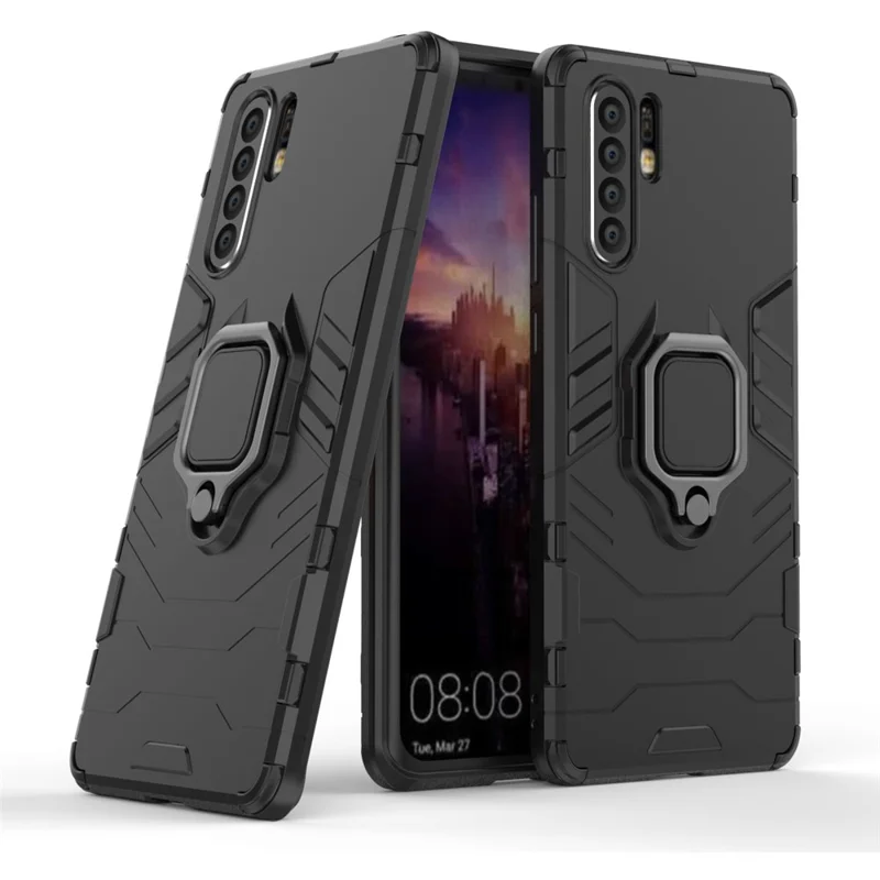 Finger Ring Kickstand PC + TPU Hybrid Phone Case for Huawei P30 Pro - Black - 1