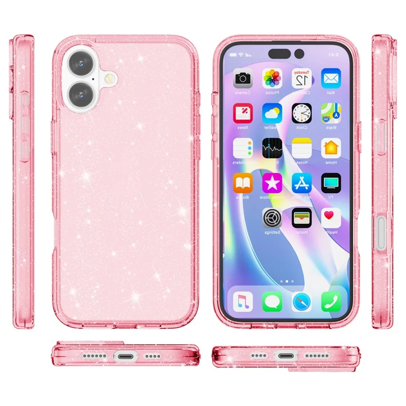 For iPhone 16 Plus Case Sparkly Glitter PC+TPU Phone Cover - Pink - 8