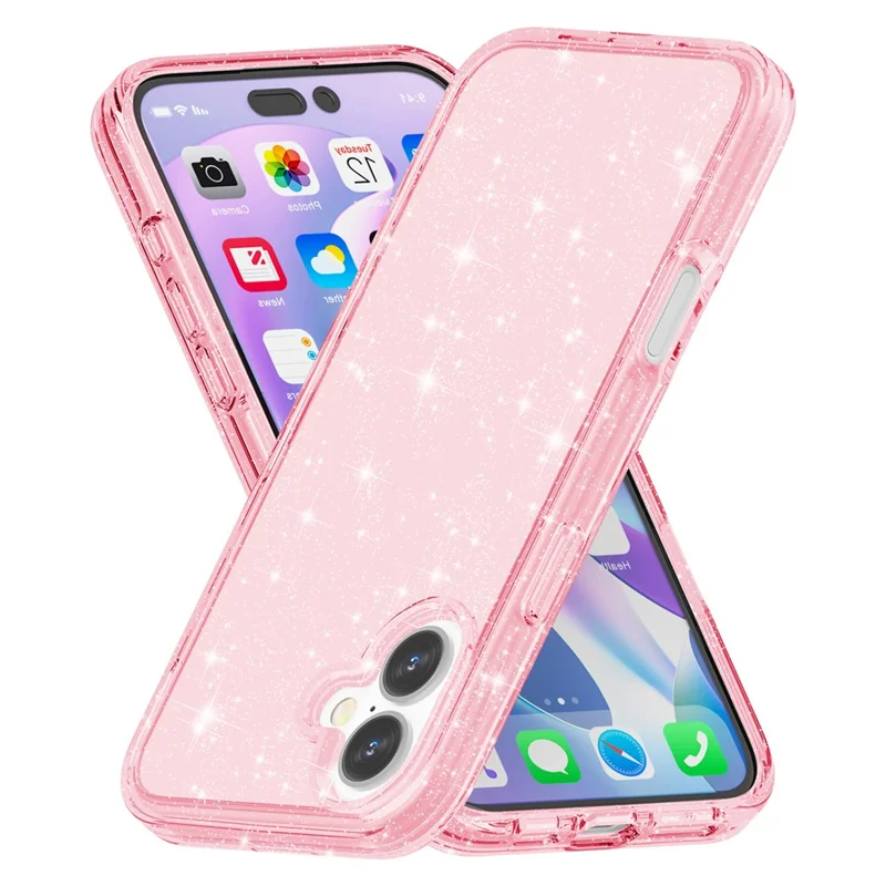 For iPhone 16 Case Sparkly Glitter TPU Frame PC Back Hybrid Phone Cover - Pink - 5