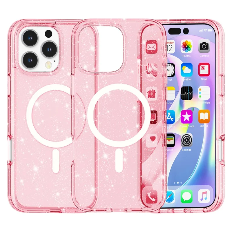 For iPhone 16 Pro Max Case Sparkly Glitter PC+TPU Phone Cover Compatible with MagSafe - Pink - 1