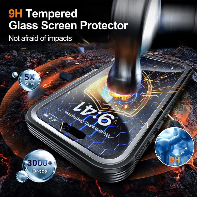 For iPhone 16 Magnetic Case with Tempered Glass Film PC + TPU Full Rugged Phone Cover - Black / Grey - 5