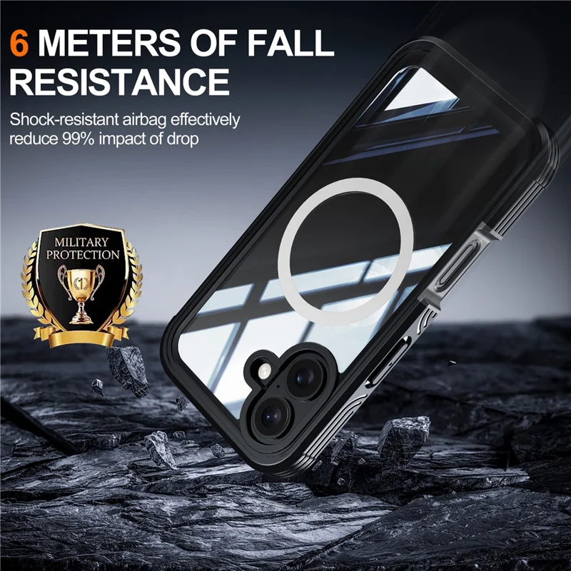 For iPhone 16 Magnetic Case with Tempered Glass Film PC + TPU Full Rugged Phone Cover - Black / Grey - 6