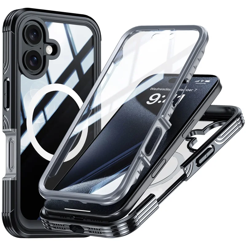 For iPhone 16 Plus Magnetic Case with Screen Film Full Protection PC + TPU Phone Cover - Black / Grey - 1