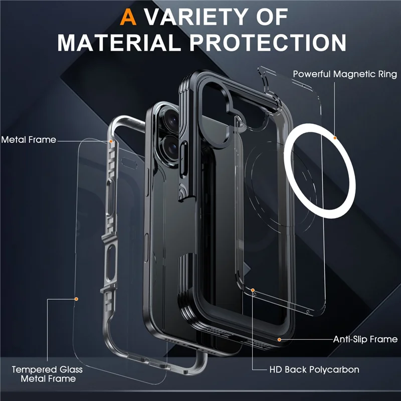 For iPhone 16 Plus Magnetic Case with Screen Film Full Protection PC + TPU Phone Cover - Black / Grey - 4