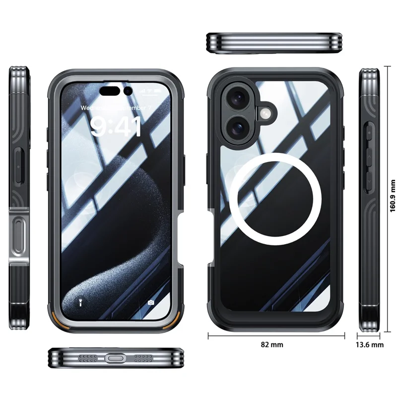 For iPhone 16 Plus Magnetic Case with Screen Film Full Protection PC + TPU Phone Cover - Black / Grey - 8