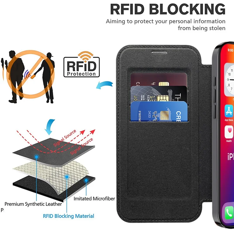 For iPhone 16 Pro Max Magnetic Phone Case RFID Blocking Phone Leather Cover - Black - 5