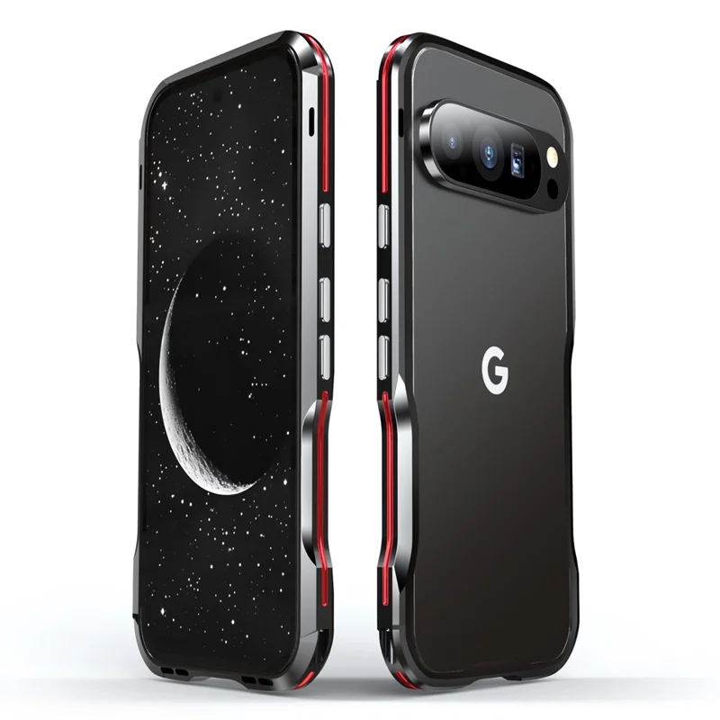 LUPHIE For Google Pixel 9 / 9 Pro Case Metal Bumper Frame Shockproof Phone Cover - Black / Red - 1