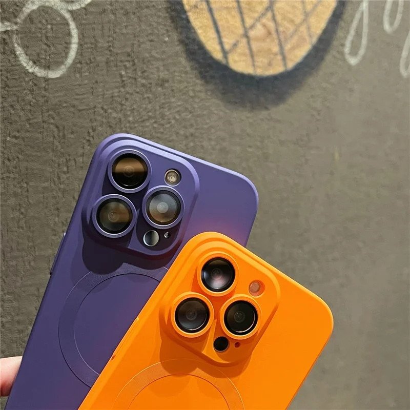 For iPhone 15 Pro Max Case Compatible with MagSafe Liquid Silicone Phone Cover with Tempered Glass Lens Protector - Orange - 12