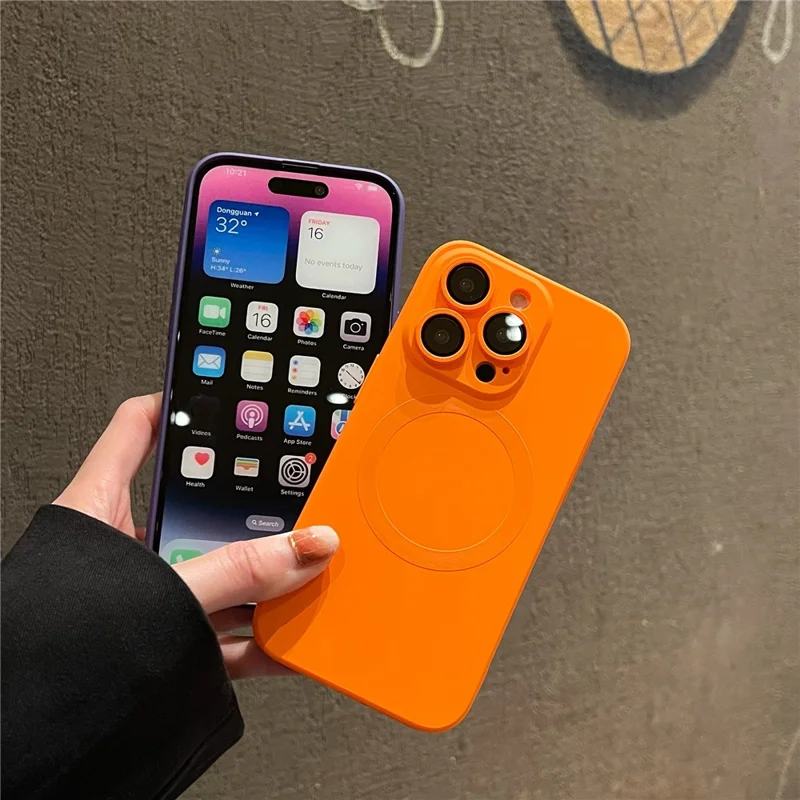 For iPhone 15 Pro Case Compatible with MagSafe Liquid Silicone Phone Cover with Tempered Glass Lens Protector - Orange - 11