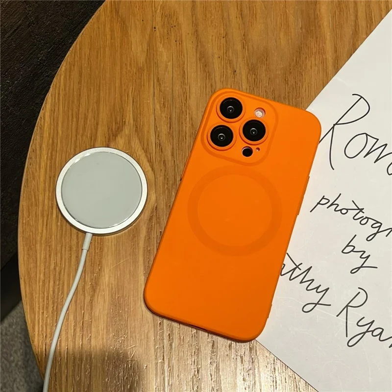 For iPhone 15 Pro Case Compatible with MagSafe Liquid Silicone Phone Cover with Tempered Glass Lens Protector - Orange - 4