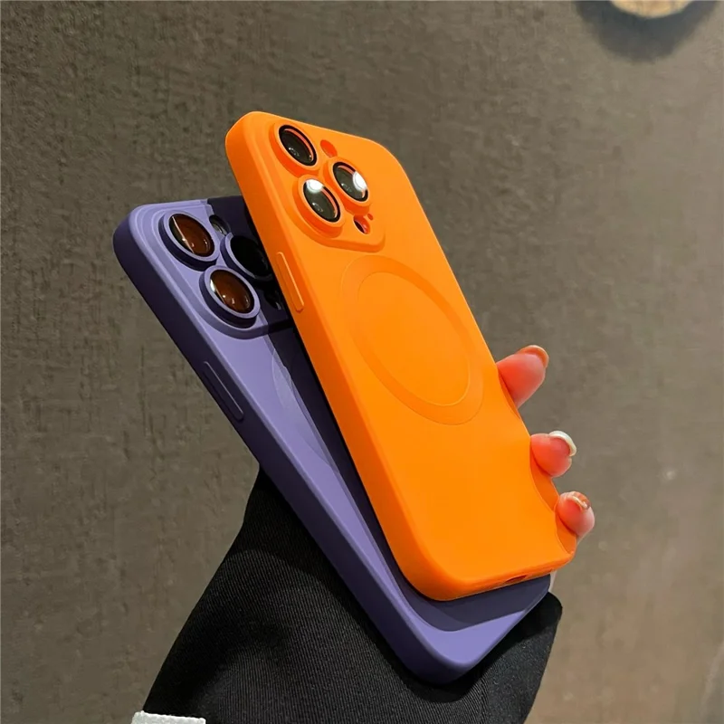 For iPhone 15 Pro Case Compatible with MagSafe Liquid Silicone Phone Cover with Tempered Glass Lens Protector - Orange - 7