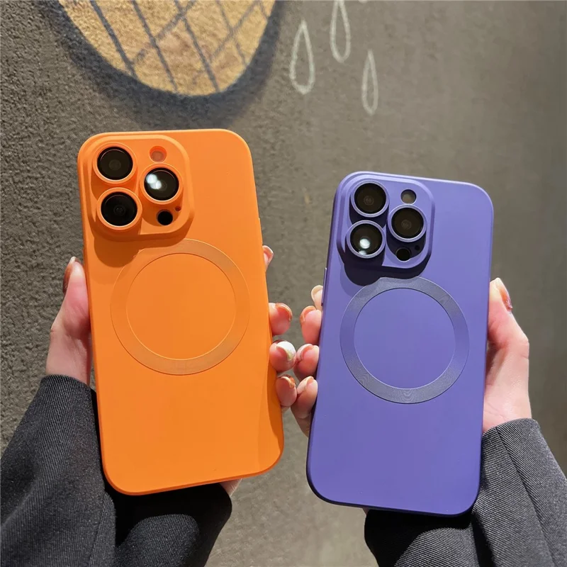 For iPhone 15 Pro Case Compatible with MagSafe Liquid Silicone Phone Cover with Tempered Glass Lens Protector - Orange - 8
