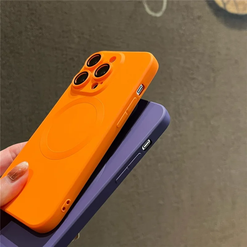 For iPhone 15 Pro Case Compatible with MagSafe Liquid Silicone Phone Cover with Tempered Glass Lens Protector - Orange - 9
