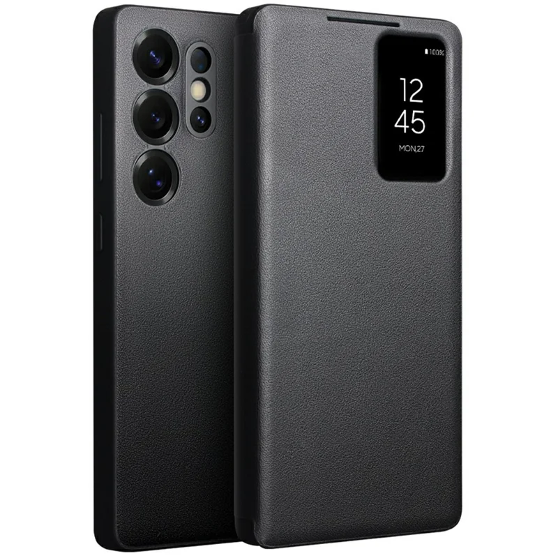 QIALINO For Samsung Galaxy S25 Ultra Case Auto Wake / Sleep View Window Genuine Cow Leather Phone Cover with Card Slot (APP Version) - Black - 1