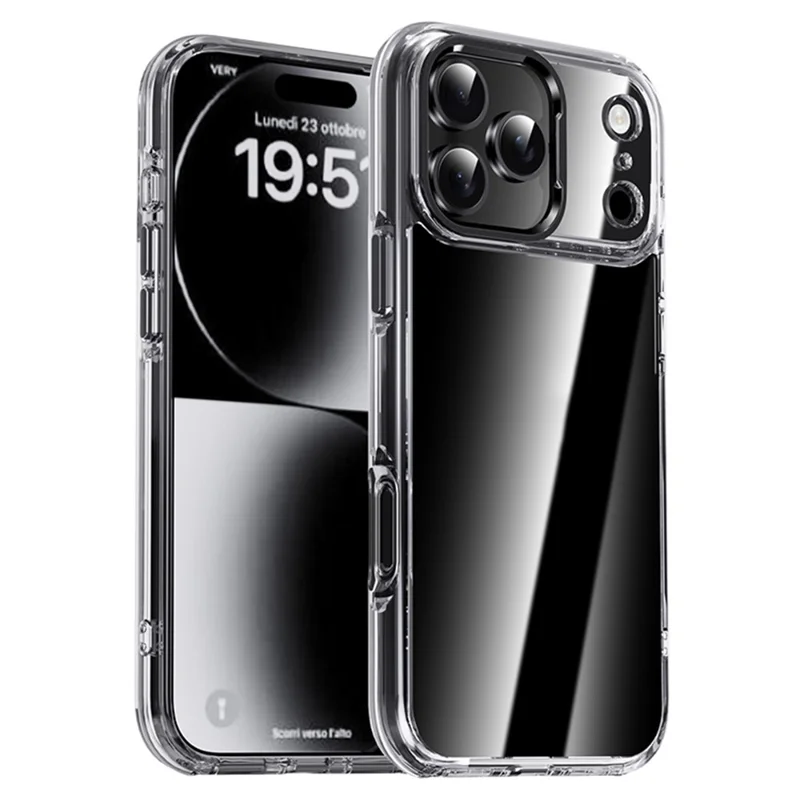 IPAKY For iPhone 17 Pro Clear Case Metal Lens Frame Shockproof TPU Phone Cover - Black - 1
