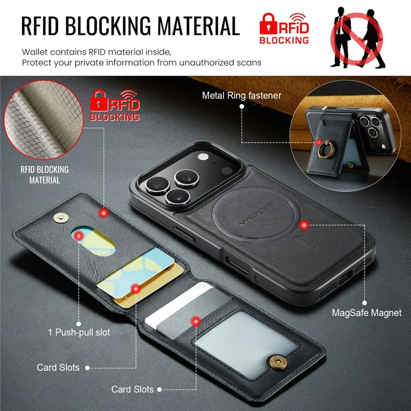 MAGKING K1 Series For iPhone 18 Pro Max / 17 Pro Max Magnetic Case PC + TPU + PU Phone Cover with Card Holder - Black - 11