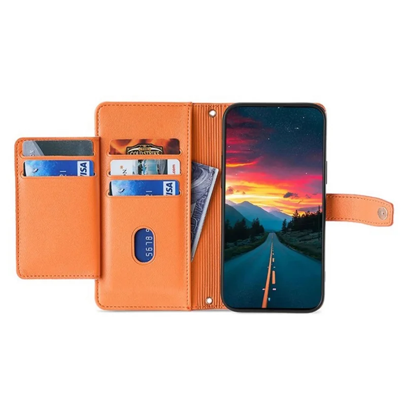 For iPhone 17 Pro Leather Case Zipper Pocket Wallet Phone Cover with 2 Straps - Orange - 2