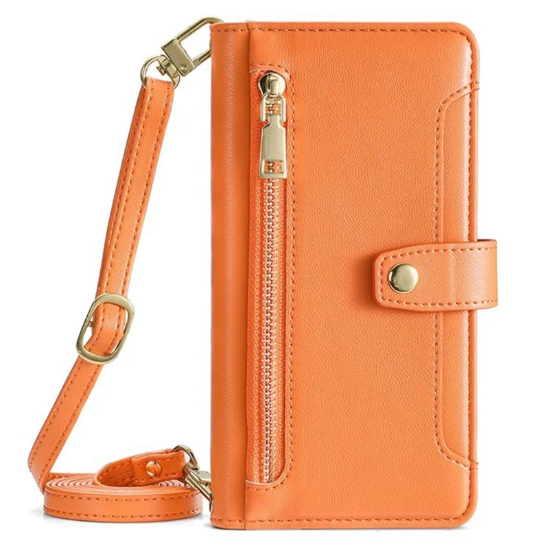 For iPhone 17 Pro Leather Case Zipper Pocket Wallet Phone Cover with 2 Straps - Orange - 8