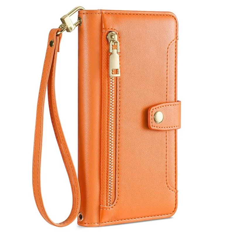 For iPhone 17 Pro Leather Case Zipper Pocket Wallet Phone Cover with 2 Straps - Orange - 9
