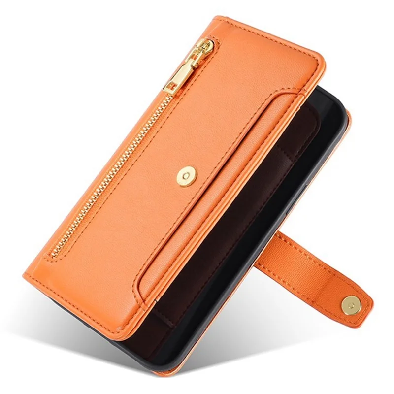 For iPhone 17 Pro Max Leather Case Zipper Pocket Wallet Phone Cover with 2 Straps - Orange - 5