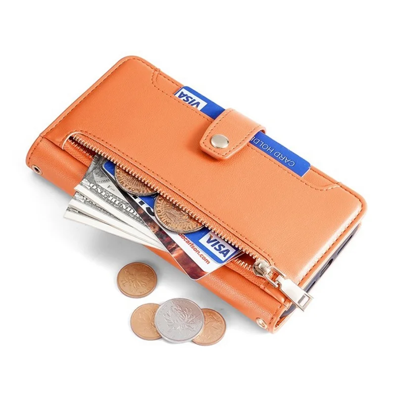 For iPhone 17 Pro Max Leather Case Zipper Pocket Wallet Phone Cover with 2 Straps - Orange - 6