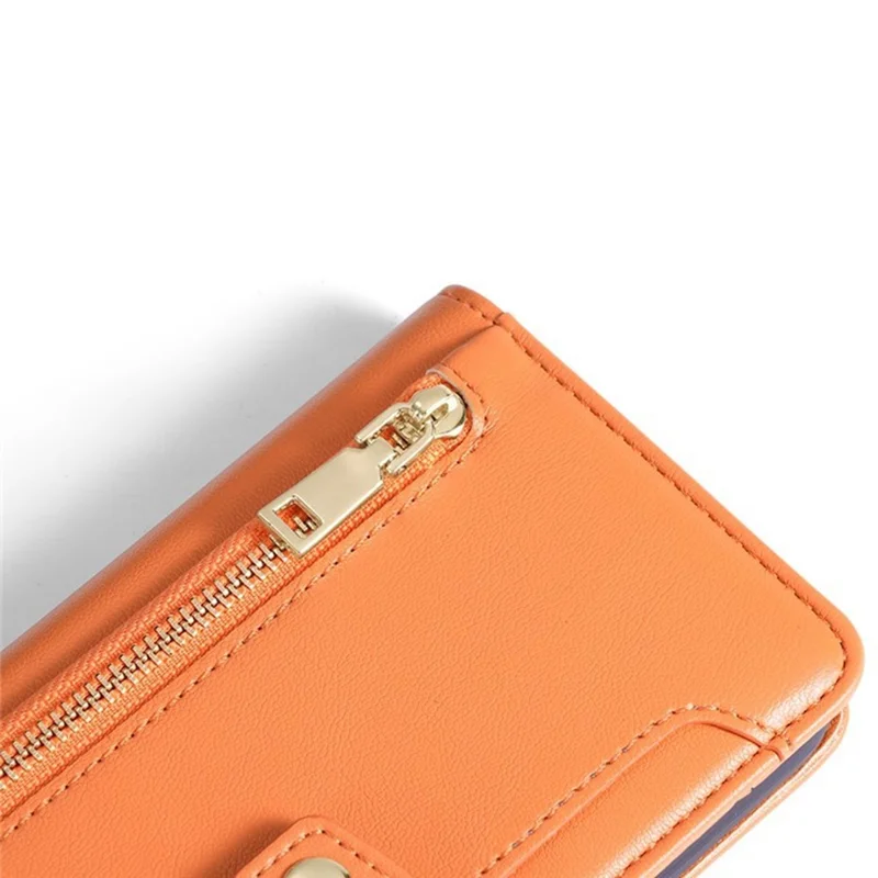 For iPhone 17 Pro Max Leather Case Zipper Pocket Wallet Phone Cover with 2 Straps - Orange - 7
