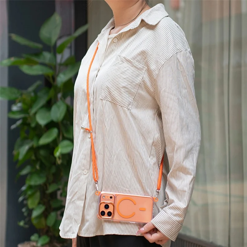 For iPhone 18 Pro / 17 Pro Clear Case Compatible with MagSafe Shockproof PC+TPU Phone Cover with 150cm Long Lanyard - Orange - 3