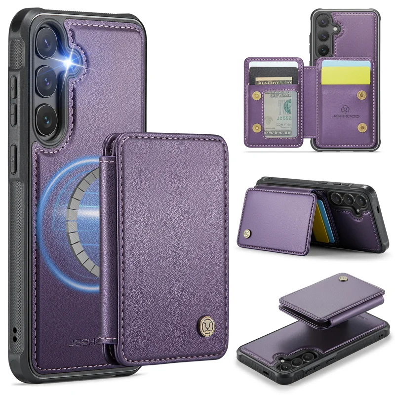 JEEHOOD For Samsung Galaxy S26 Case J05 Leather Mobile Cover with Detachable Magnetic Card Bag - Purple - 1