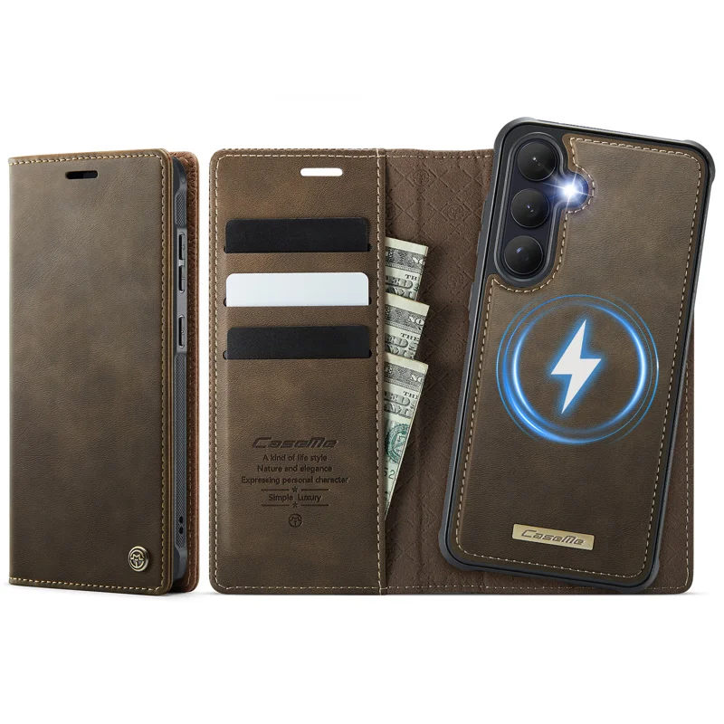 CASEME For Samsung Galaxy S26 Magnetic Case C49 RFID Blocking Detachable Wallet Leather Phone Cover - Coffee - 1