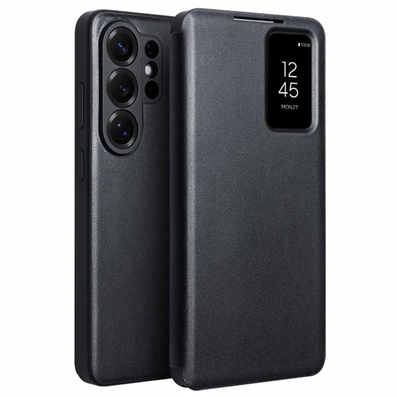 QIALINO For Samsung Galaxy S26 Ultra Case View Window Genuine Cow Leather Flip Phone Cover (APP Version) - Black - 1