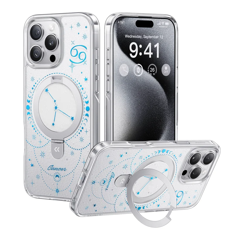 For iPhone 15 Pro Max CASEKOO Magnetic Case Constellation Pattern Ring Kickstand Shockproof PC + TPU Phone Cover - Cancer - 1