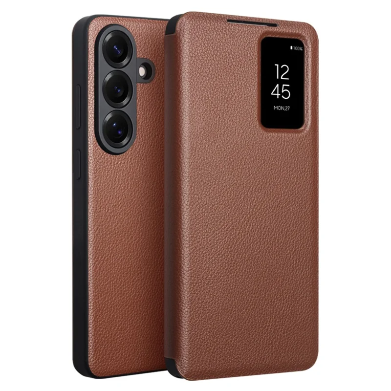 QIALINO For Samsung Galaxy S26 Case View Window Genuine Cow Leather Flip Phone Cover (APP Version) - Brown - 1