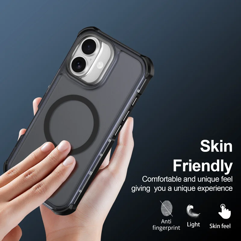 For iPhone 16 Magnetic Case Electroplated Frame Skin-touch TPU+PC Phone Cover - Black - 6