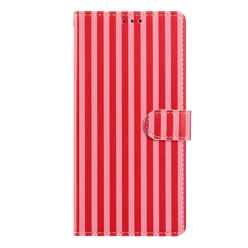 For iPhone 15 Pro Wallet Case Vintage Stripes Leather Stand Flip Phone Cover with Wrist Strap - Red - 4
