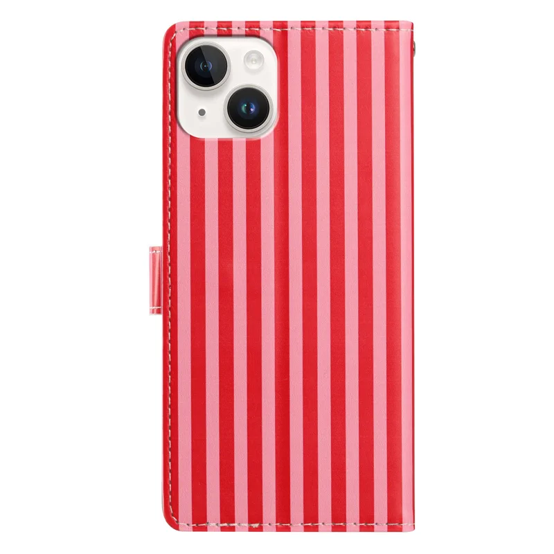For iPhone 15 Plus Wallet Case Vintage Stripes Leather Stand Flip Phone Cover with Wrist Strap - Red - 2