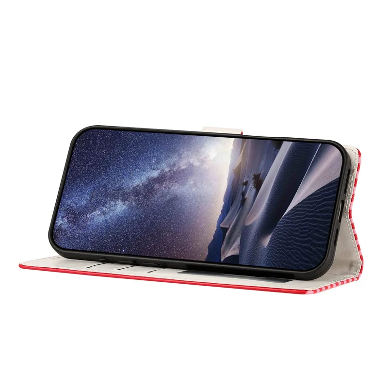 For iPhone 15 Plus Wallet Case Vintage Stripes Leather Stand Flip Phone Cover with Wrist Strap - Red - 6