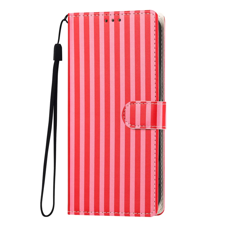 For iPhone 15 Pro Max Wallet Case Vintage Stripes Leather Stand Flip Phone Cover with Wrist Strap - Red - 3