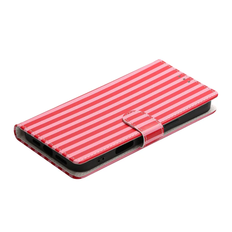 For iPhone 15 Pro Max Wallet Case Vintage Stripes Leather Stand Flip Phone Cover with Wrist Strap - Red - 5