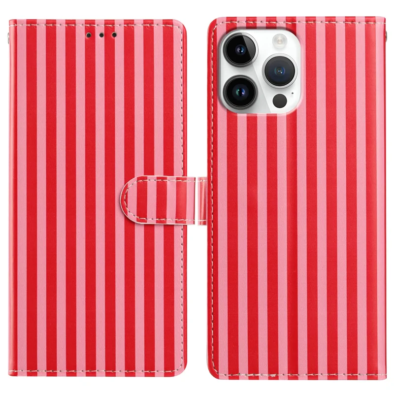 For iPhone 16 Pro Max Wallet Case Vintage Stripes Leather Stand Flip Phone Cover with Wrist Strap - Red - 1