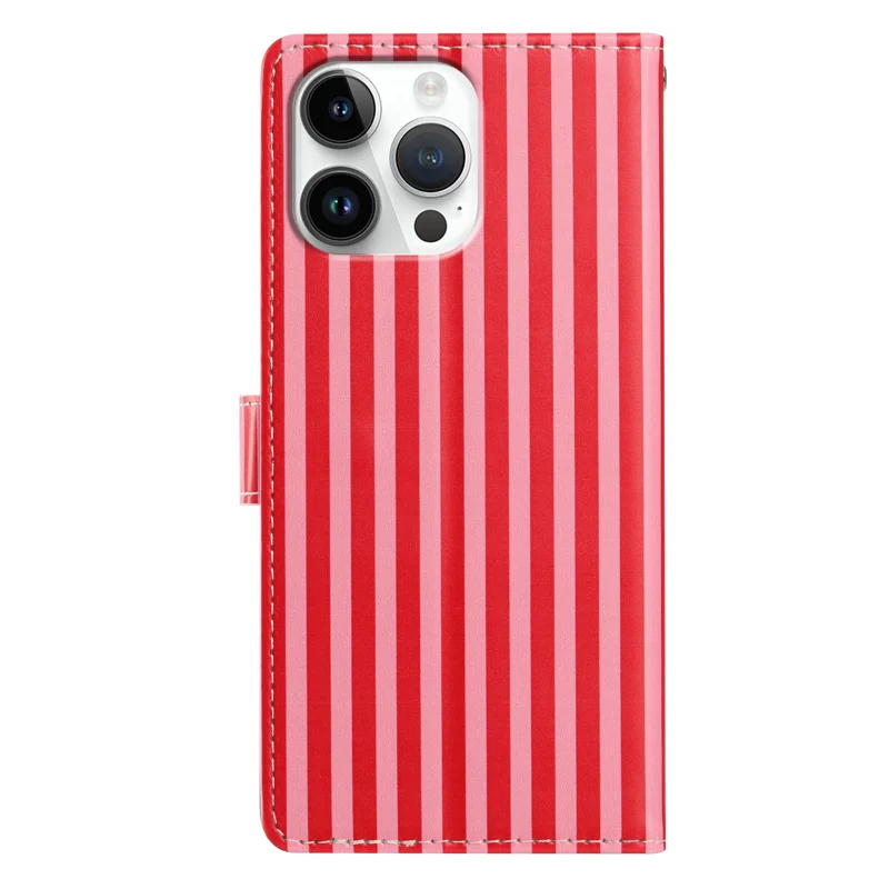 For iPhone 16 Plus Wallet Case Vintage Stripes Leather Stand Flip Phone Cover with Wrist Strap - Red - 2