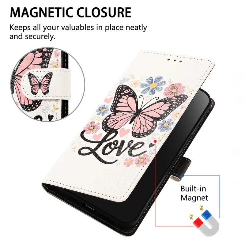 For iPhone 17 / iPhone 18 Case Pattern Printed PU Leather Flip Wallet Phone Cover with Wrist Strap - Pink Butterfly - 4