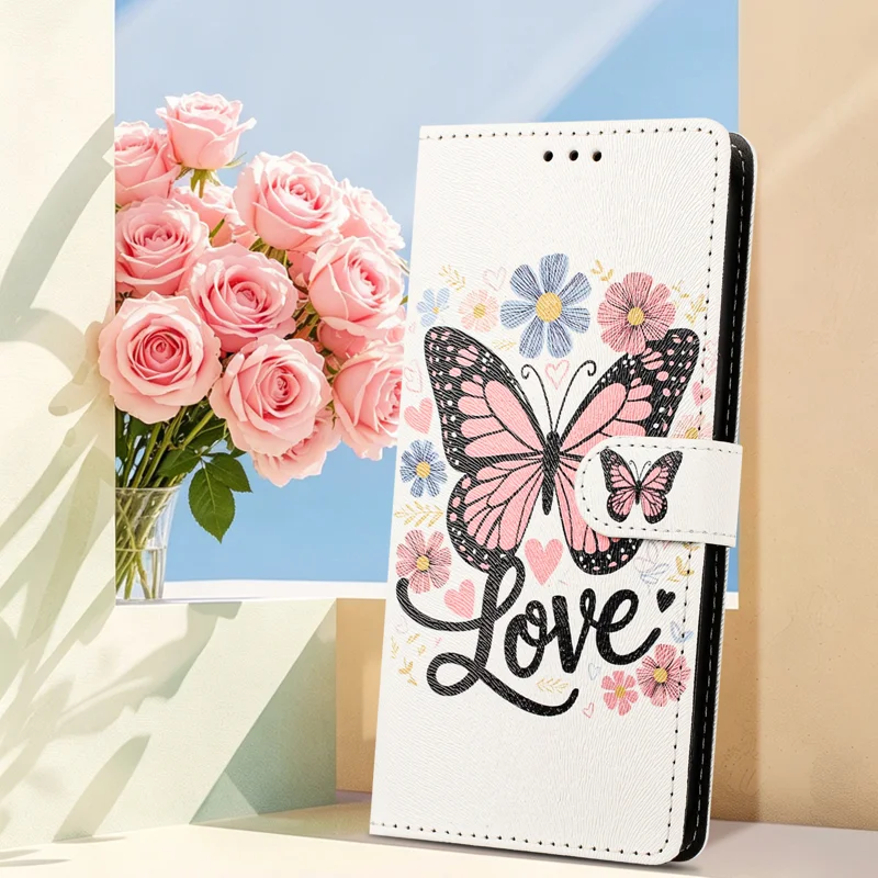 For iPhone 17 / iPhone 18 Case Pattern Printed PU Leather Flip Wallet Phone Cover with Wrist Strap - Pink Butterfly - 5